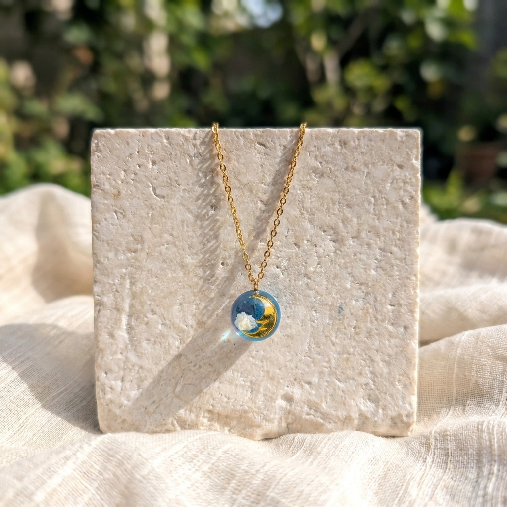 Moon & Twilight Sky Gold Plated Stainless Steel Necklace | Dreamy Cloud Jewellery