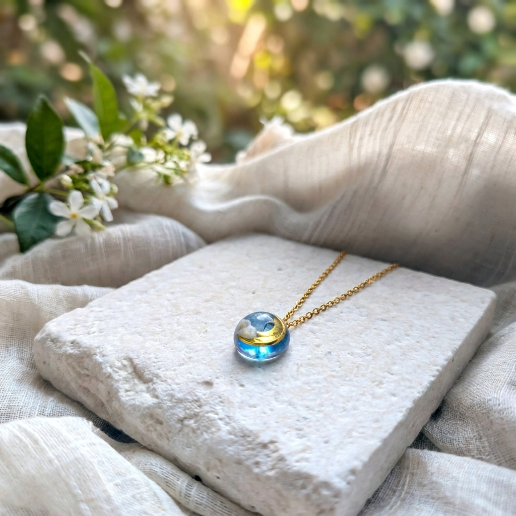 Moon & Twilight Sky Gold Plated Stainless Steel Necklace | Dreamy Cloud Jewellery