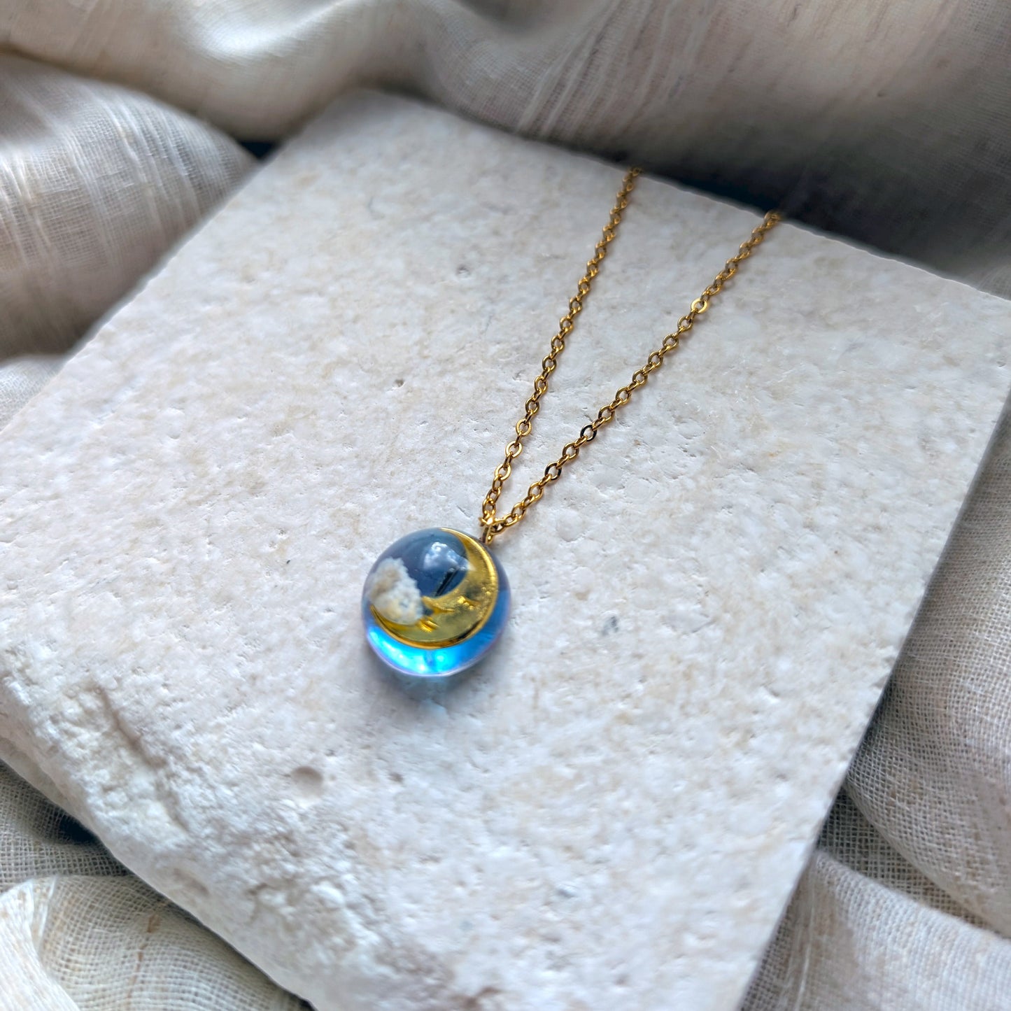 Moon & Twilight Sky Gold Plated Stainless Steel Necklace | Dreamy Cloud Jewellery