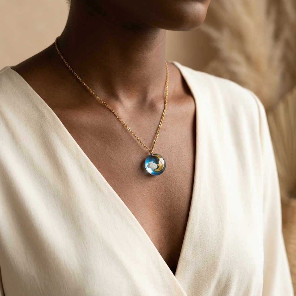 Moon & Twilight Sky Gold Plated Stainless Steel Necklace | Dreamy Cloud Jewellery