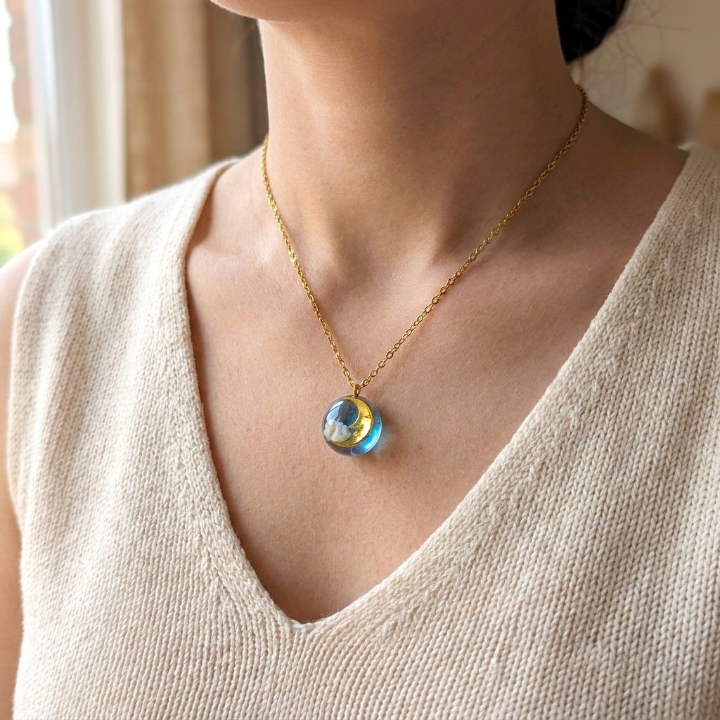 Moon & Twilight Sky Gold Plated Stainless Steel Necklace | Dreamy Cloud Jewellery