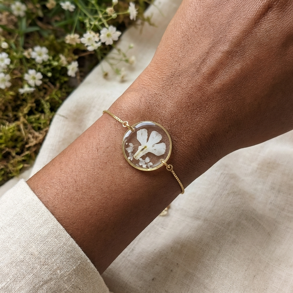 Deep skin tone model wearing handmade real flower jewellery bracelet with preserved white lobelia and seashell flakes