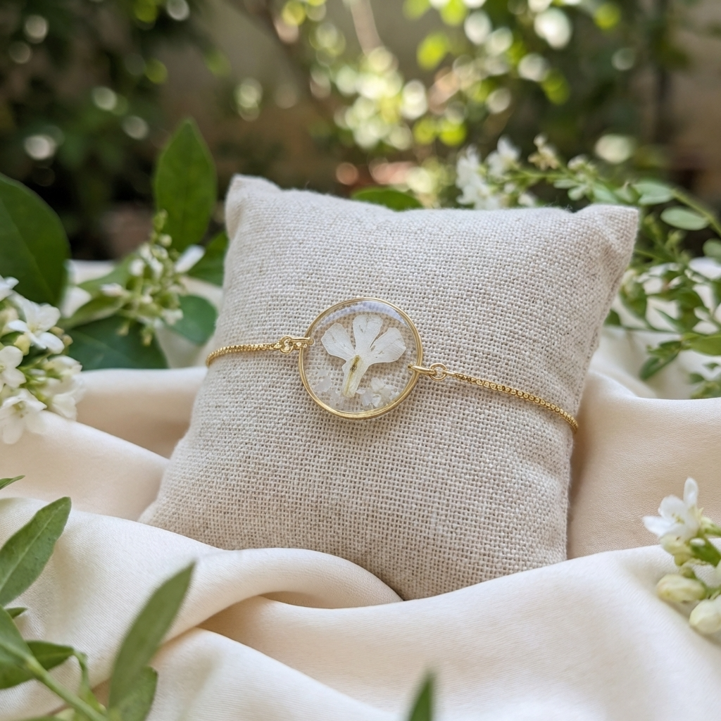 Gold plated white lobelia bracelet shown on a jewellery holder, crafted with garden grown flowers, resin and seashell flakes