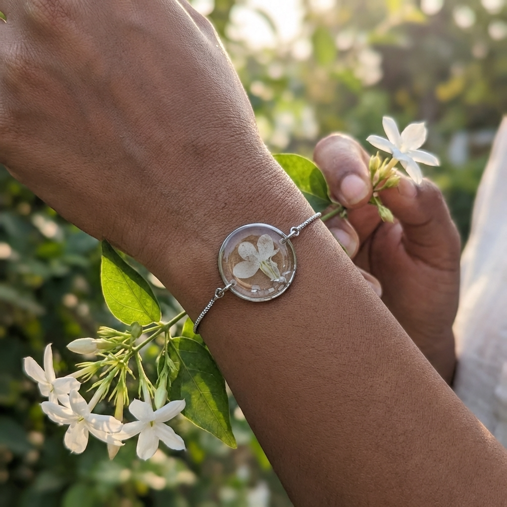 Dark skin tone model wearing a white lobelia bracelet, showing a soft contrast with delicate platinum plated jewellery