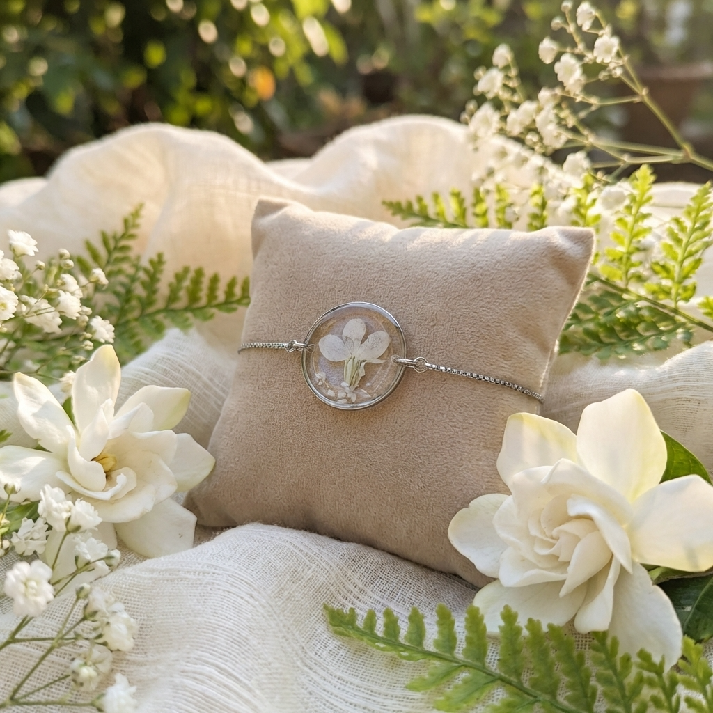 Platinum plated white lobelia bracelet shown on a jewellery holder, crafted with garden grown flowers, resin and seashell flakes