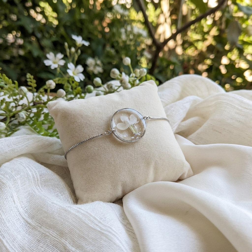 White lobelia 20mm flat bracelet with seashell flakes on jewelry display stand, handmade real flower jewelry by Work by Nature