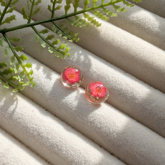 Love | Gold Plated Sterling Silver Red Spiraea Dome Stud Earrings