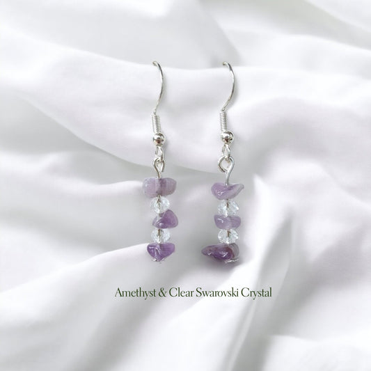 Irregular Asymmetric Amethyst Gemstones with Clear Crystal Glass - Silver S925 Drop Earrings