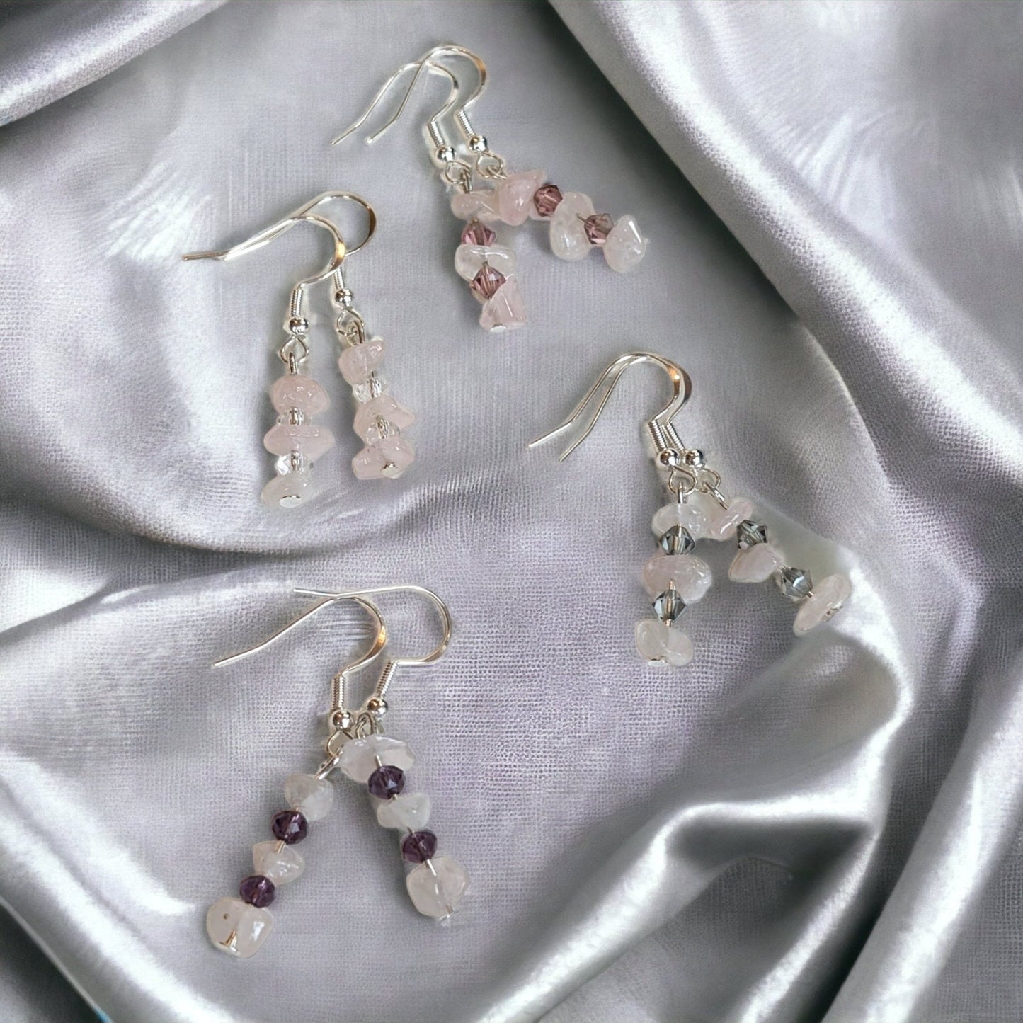 Asymmetric Irregular Rose Quartz & Crystal Glass Silver Dangling Earrings