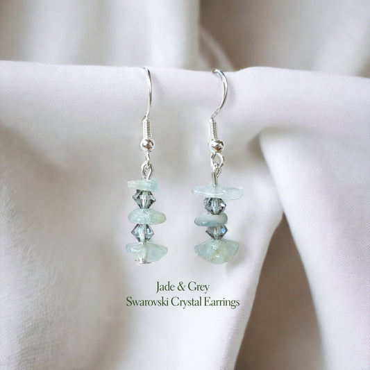 Asymmetric Irregular Jade & Crystal Glass Silver Dangling Earrings