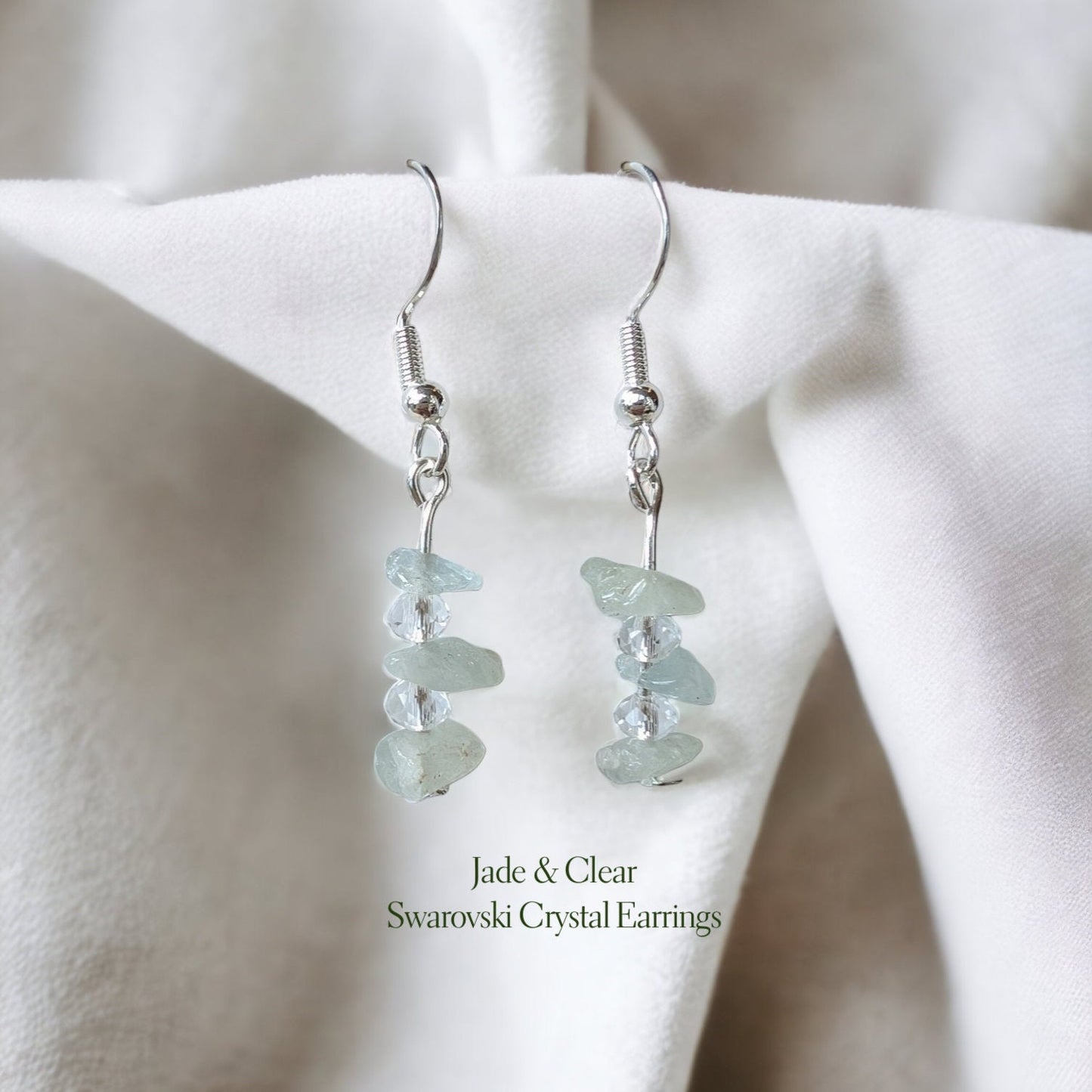 Asymmetric Irregular Jade & Crystal Glass Silver Dangling Earrings