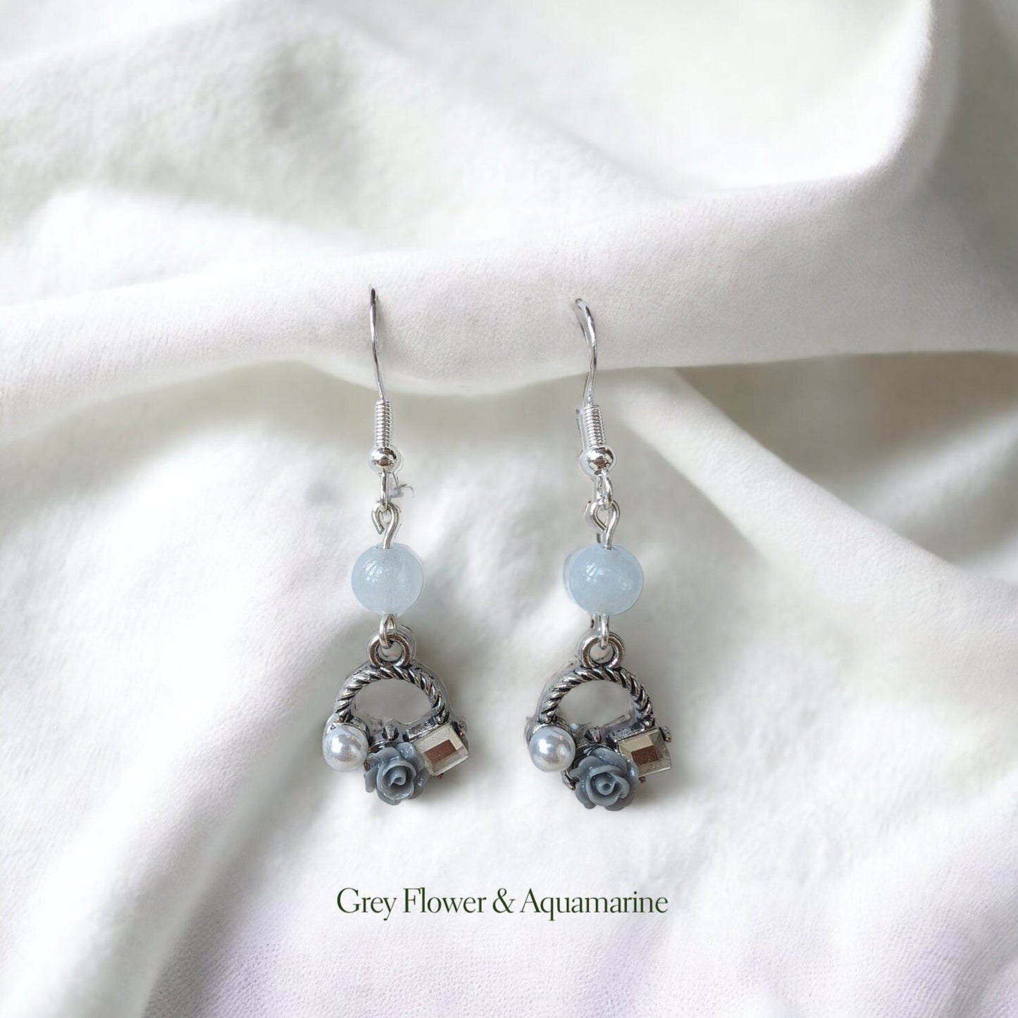 Rose Garden Handmade Drop Silver Earrings with Pearl and Flower