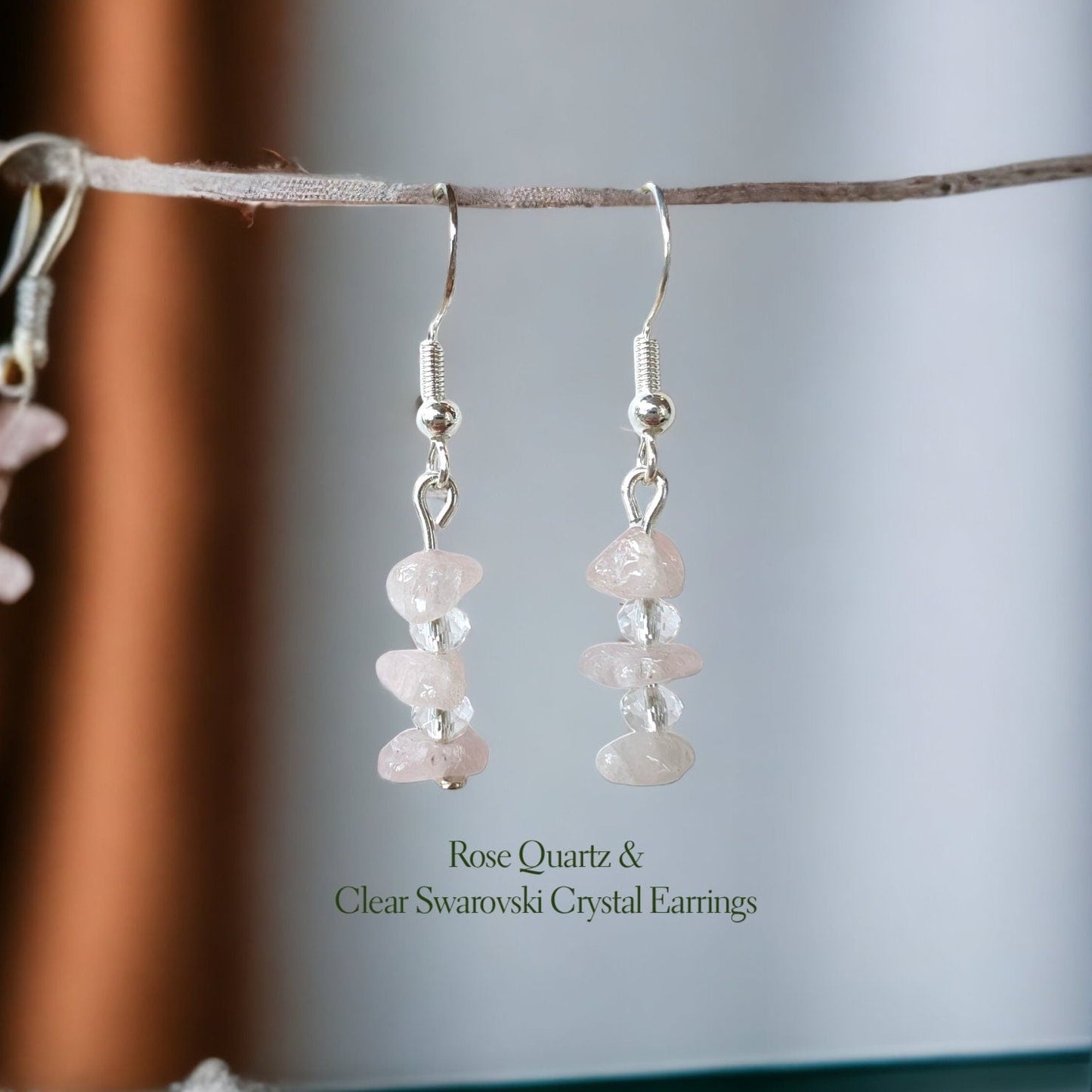 Asymmetric Irregular Rose Quartz & Crystal Glass Silver Dangling Earrings