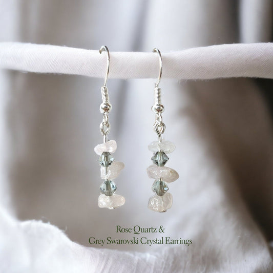 Asymmetric Irregular Rose Quartz & Crystal Glass Silver Dangling Earrings