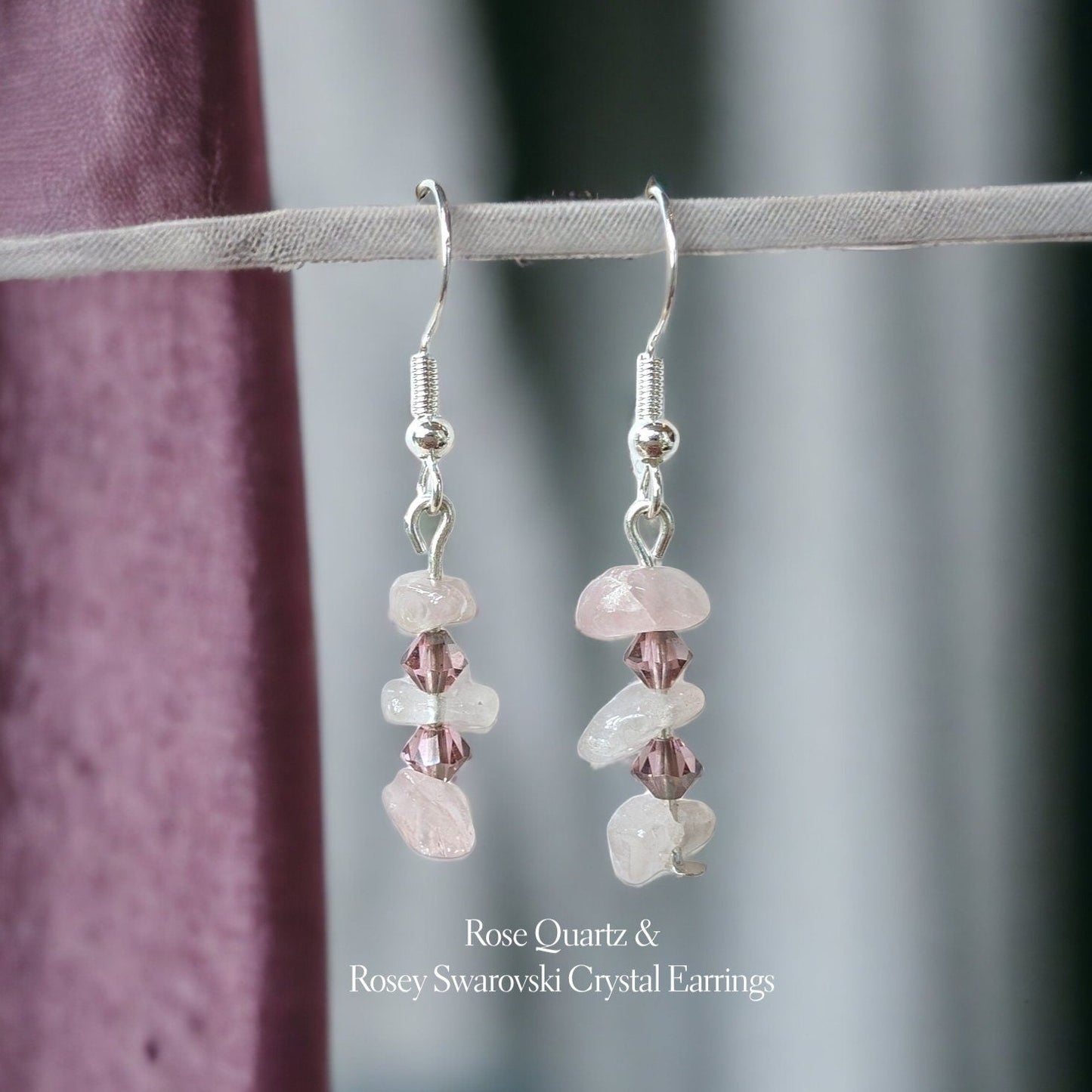 Asymmetric Irregular Rose Quartz & Crystal Glass Silver Dangling Earrings