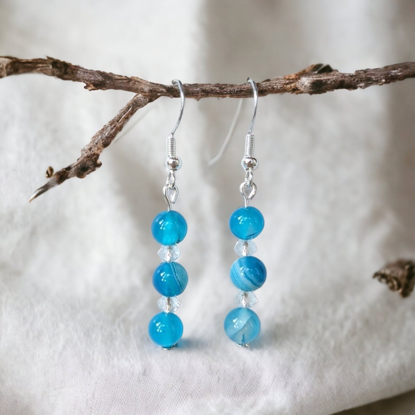 Blue Striped Agate & Clear Crystal Dropped Earrings - Handmade Nature Jewellery for Women