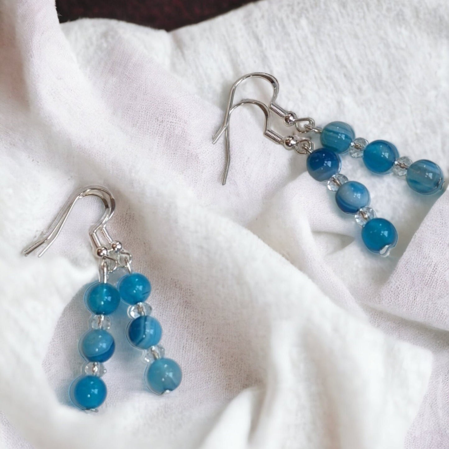 Blue Striped Agate & Clear Crystal Dropped Earrings - Handmade Nature Jewellery for Women